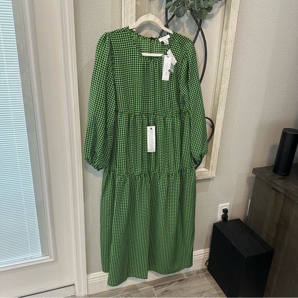 NWT Topshop Gingham Smocked Long Sleeve Maternity Midi Dress Green & Black Sz 4 - Picture 5 of 15